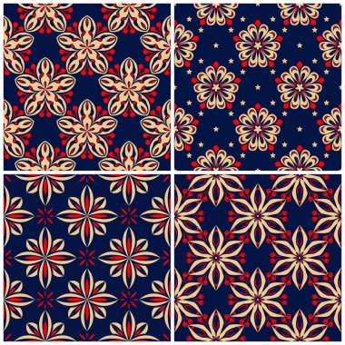 Sorunsuz arka planlar. Duvar kağıtları, Tekstil ve kumaş çiçek desenleri ile mavi klasik bej ve kırmızı belirler