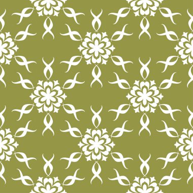 Zeytin yeşil zemin üzerine beyaz çiçekler. Tekstil ve duvar kağıtları için süs seamless modeli