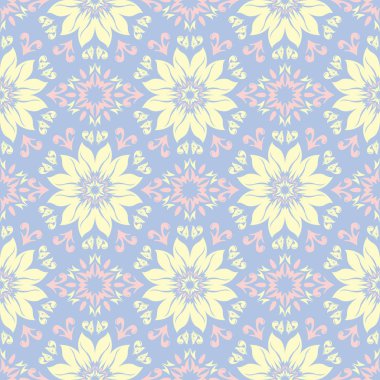 Çiçek seamless modeli. Soluk mavi arka plan duvar kağıtları, Tekstil ve kumaş için bej ve pembe çiçek öğeleri ile