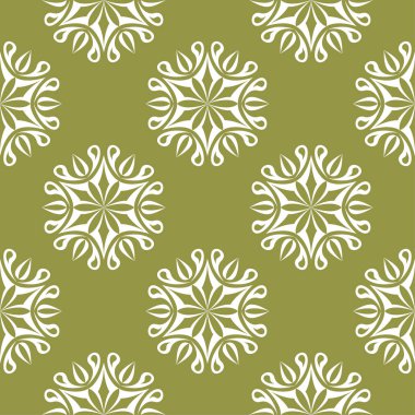 Zeytin yeşil zemin üzerine beyaz çiçek süsleme. Tekstil ve duvar kağıtları için seamless modeli