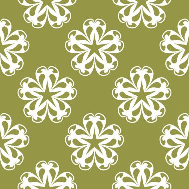 Zeytin yeşil zemin üzerine beyaz çiçek süsleme. Tekstil ve duvar kağıtları için seamless modeli