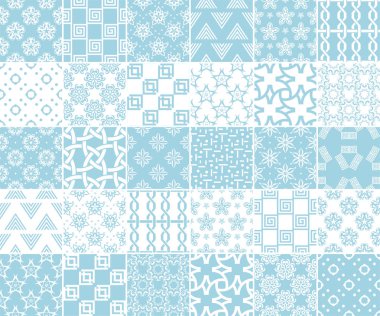 Geometrik ve bitkisel Dikişsiz desen koleksiyonu. Mavi ve beyaz arka plan Tekstil ve duvar kağıtları için