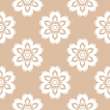 Bej renkli arka plan üzerinde beyaz çiçek süsleme. Tekstil ve duvar kağıtları için seamless modeli