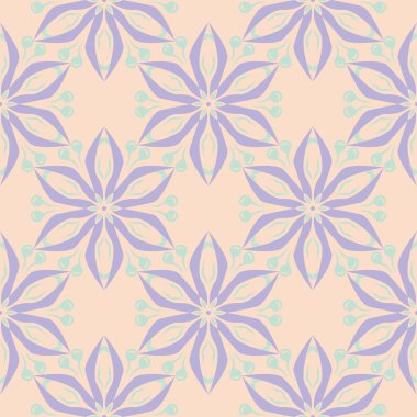 Bej renkli çiçek arka plan. Duvar kağıtları, Tekstil ve kumaş için mor ve mavi elemanları ile Seamless modeli