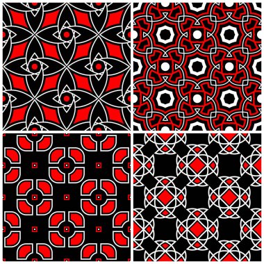 Sorunsuz siyah beyaz ve kırmızı desenler. Klasik geometrik arka plan duvar kağıtları ve tekstil