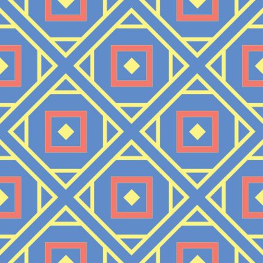 Mavi geometrik sorunsuz arka plan. Tasarım duvar kağıtları, Tekstil ve kumaş kırmızı ve sarı desenli parlak çok renkli