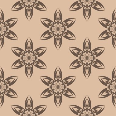 Bej renkli arka plan üzerinde koyu kahverengi çiçek süsleme. Tekstil ve duvar kağıtları için seamless modeli
