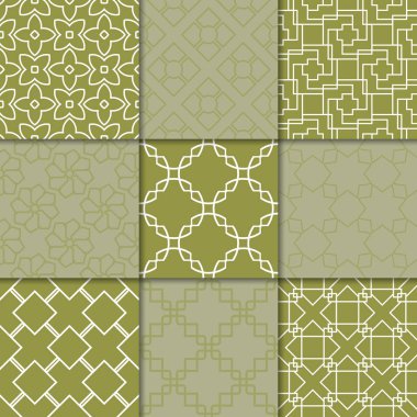 Zeytin yeşili geometrik süsler. Web, Tekstil ve duvar kağıtları için dikişsiz desen koleksiyonu