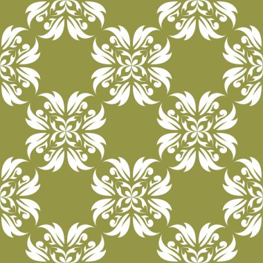 Zeytin yeşil zemin üzerine beyaz çiçek süsleme. Tekstil ve duvar kağıtları için seamless modeli