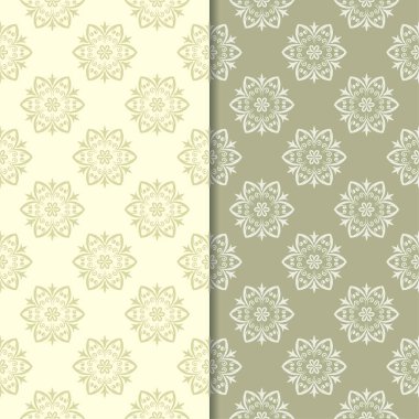Zeytin yeşili ve bej çiçek arka planlar. Tekstil ve duvar kağıtları için dikişsiz desen seti