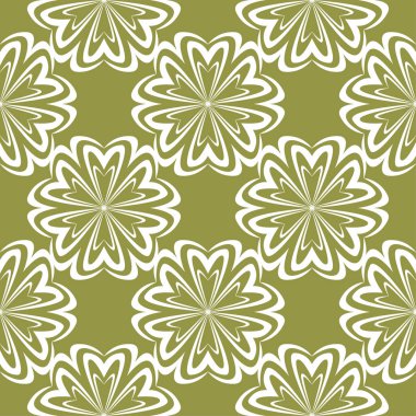 Zeytin yeşil zemin üzerine beyaz çiçek süsleme. Tekstil ve duvar kağıtları için seamless modeli