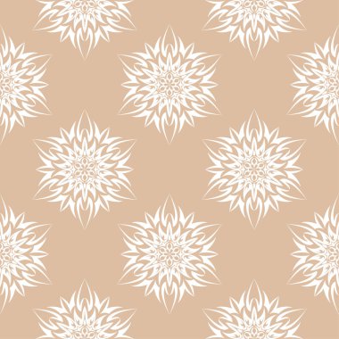 Bej renkli arka plan üzerinde beyaz çiçek süs tasarım. Tekstil ve duvar kağıtları için seamless modeli