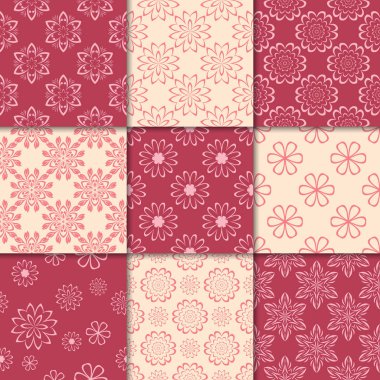 Kiraz kırmızı ve bej çiçekli süsler. Kağıt için dikişsiz desen koleksiyonu Tekstil