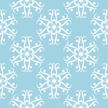 Mavi zemin üzerine beyaz çiçek süsleme. Tekstil ve duvar kağıtları için seamless modeli