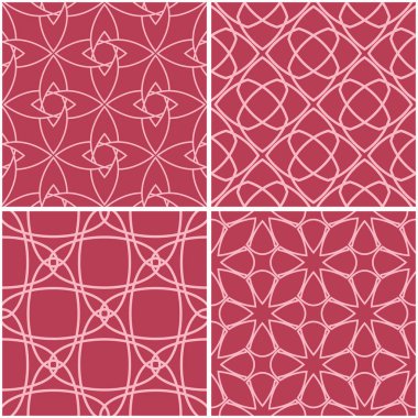 Geometrik desenler. Soluk kırmızı sorunsuz arka planlar kümesi. Vektör çizim