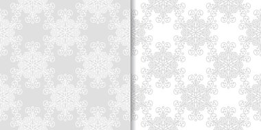 Işık gri ve beyaz çiçekli süsler. Tekstil ve duvar kağıtları için dikişsiz desen seti