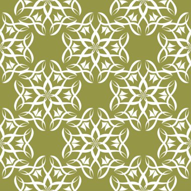 Zeytin yeşil zemin üzerine beyaz çiçek süsleme. Tekstil ve duvar kağıtları için seamless modeli