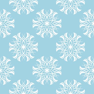 Mavi zemin üzerine beyaz çiçek süsleme. Tekstil ve duvar kağıtları için seamless modeli