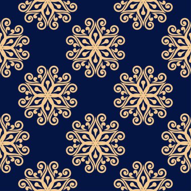 Koyu mavi zemin üzerine altın çiçek süsleme. Tekstil ve duvar kağıtları için seamless modeli