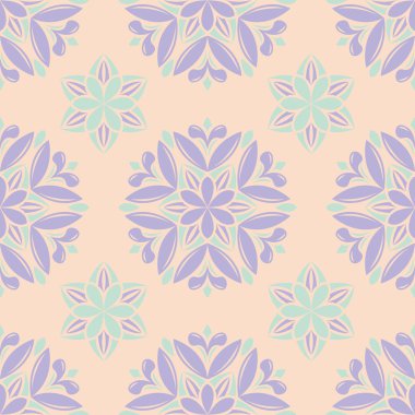 Çiçek seamless modeli. Bej renkli arka plan duvar kağıtları, Tekstil ve kumaş için mor ve mavi çiçek öğeleri ile