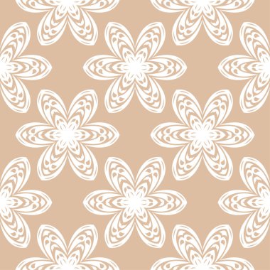 Bej sorunsuz arka plan üzerinde beyaz çiçek süsleme. Tekstil ve duvar kağıtları için seamless modeli