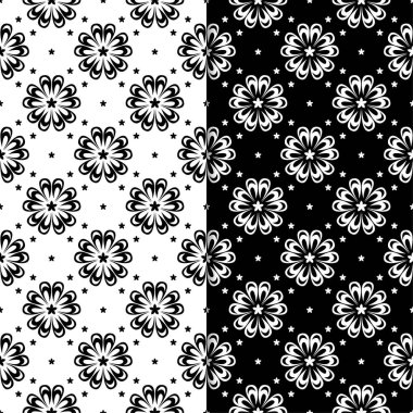 Siyah ve beyaz çiçek arka planlar. Tekstil ve duvar kağıtları için sorunsuz tasarım kümesi