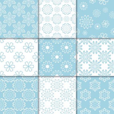 Mavi ve beyaz çiçekli süsler. Kağıt için dikişsiz desen koleksiyonu Tekstil