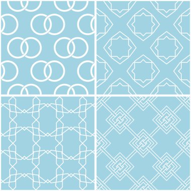 Geometrik desenler. Mavi ve beyaz sorunsuz arka planlar kümesi. Vektör çizim