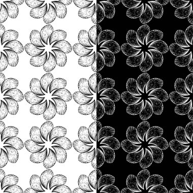 Siyah ve beyaz çiçek arka planlar. Tekstil ve duvar kağıtları için dikişsiz desen seti