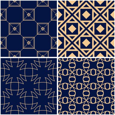 Geometrik desenler. Altın mavi sorunsuz arka planlar kümesi. Vektör çizim