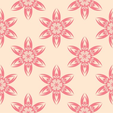 Bej renkli arka plan üzerinde kırmızı çiçekler. Tekstil ve duvar kağıtları için süs seamless modeli