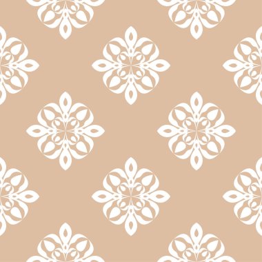Bej renkli arka plan üzerinde beyaz çiçek süsleme. Tekstil ve duvar kağıtları için seamless modeli