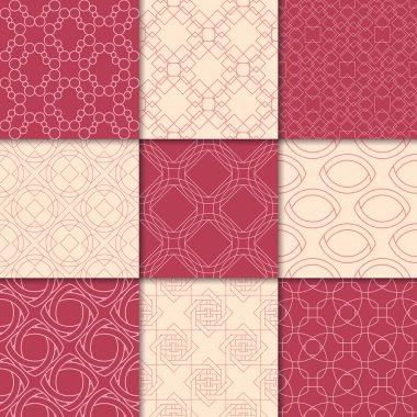 Kiraz kırmızı ve bej geometrik süsler. Web, Tekstil ve duvar kağıtları için dikişsiz desen koleksiyonu