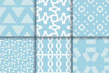 Kesintisiz geometrik desenler. Tekstil, kumaş veya duvar kağıtları için ışık mavi arka plan topluluğu