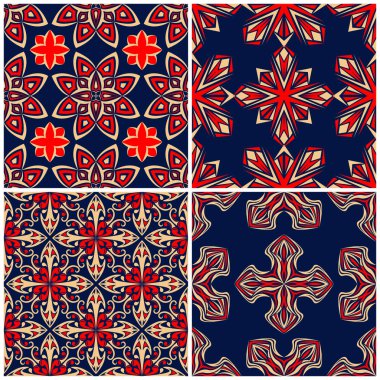 Sorunsuz arka planlar. Duvar kağıtları, Tekstil ve kumaş çiçek desenleri ile mavi klasik bej ve kırmızı belirler