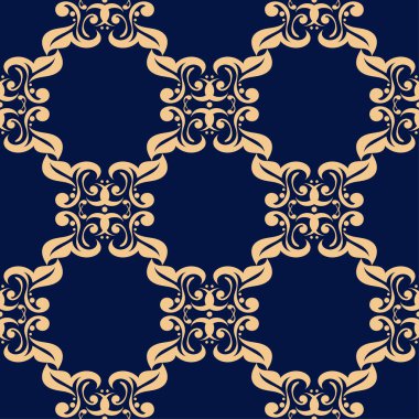 Koyu mavi zemin üzerine altın çiçek süsleme. Tekstil ve duvar kağıtları için seamless modeli