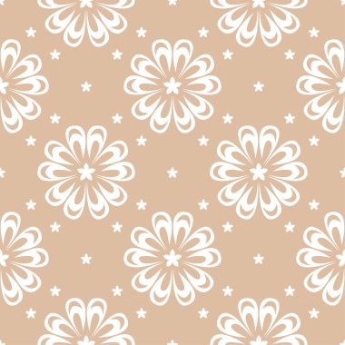 Bej renkli arka plan üzerinde beyaz çiçek süs tasarım. Tekstil ve duvar kağıtları için seamless modeli