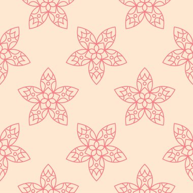 Bej renkli arka plan üzerinde kırmızı çiçekli süs. Tekstil ve duvar kağıtları için seamless modeli