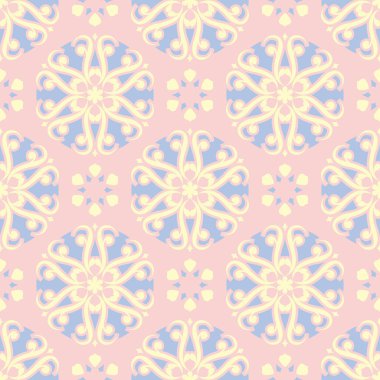 Çiçek soluk pembe seamless modeli mavi ve bej tasarımları ile. Arka plan duvar kağıtları, Tekstil ve kumaş için