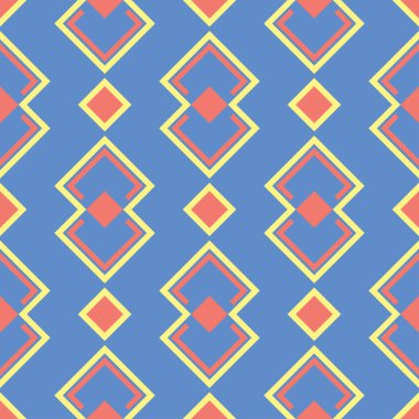 Geometrik seamless modeli. Mavi arka plan duvar kağıtları, Tekstil ve kumaş için kırmızı ve sarı tasarımı ile