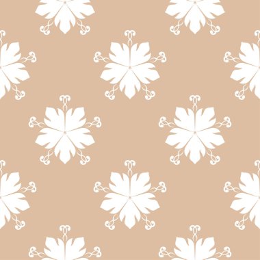Bej sorunsuz arka plan üzerinde beyaz çiçek süsleme. Tekstil ve duvar kağıtları için seamless modeli