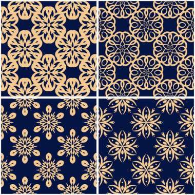 Çiçek desenleri. Altın mavi sorunsuz arka planlar kümesi. Vektör illustraton