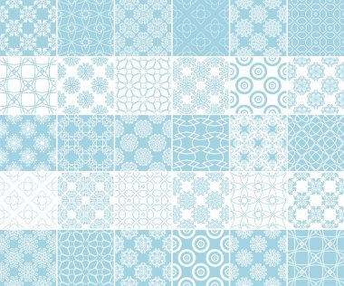 Geometrik ve bitkisel Dikişsiz desen koleksiyonu. Mavi ve beyaz arka plan Tekstil ve duvar kağıtları için