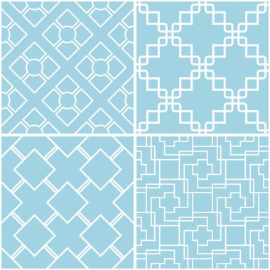Geometrik desenler. Mavi ve beyaz sorunsuz arka planlar kümesi. Vektör çizim