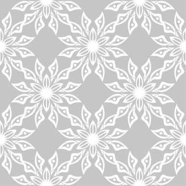 Gri arka plan üzerinde beyaz çiçek tasarım. Tekstil ve duvar kağıtları için seamless modeli