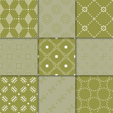 Zeytin yeşili geometrik süsler. Web, Tekstil ve duvar kağıtları için dikişsiz desen koleksiyonu