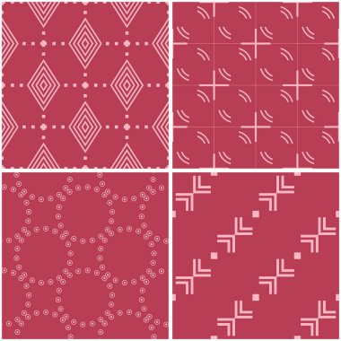 Geometrik desenler. Soluk kırmızı sorunsuz arka planlar kümesi. Vektör çizim