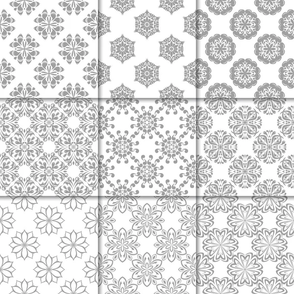 Gray White Floral Ornaments Collection Neutral Seamless Patterns Paper Textile — Stock Vector