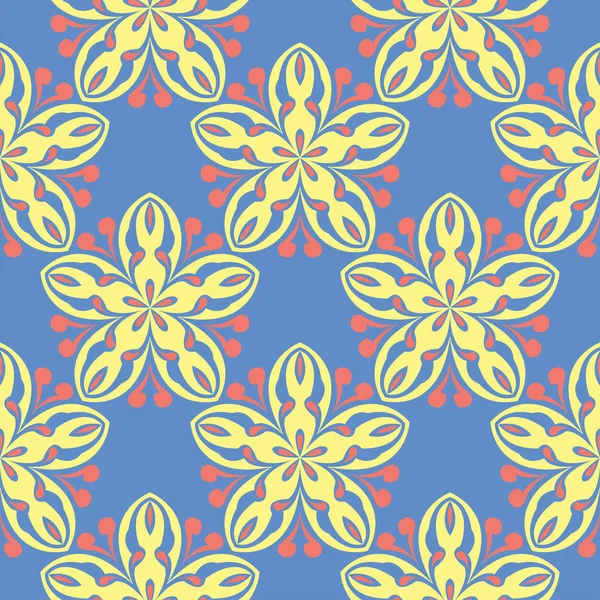 Florales Nahtloses Muster Rote Und Gelbe Blumenelemente Auf Blauem Hintergrund — Stockvektor
