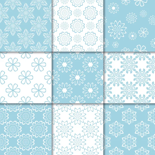 Blue White Floral Ornaments Collection Seamless Patterns Paper Textile — Stock Vector